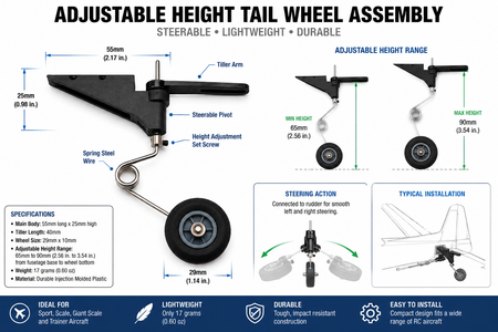 Gator RC adjustable height steerable tail wheel assembly for RC airplanes
