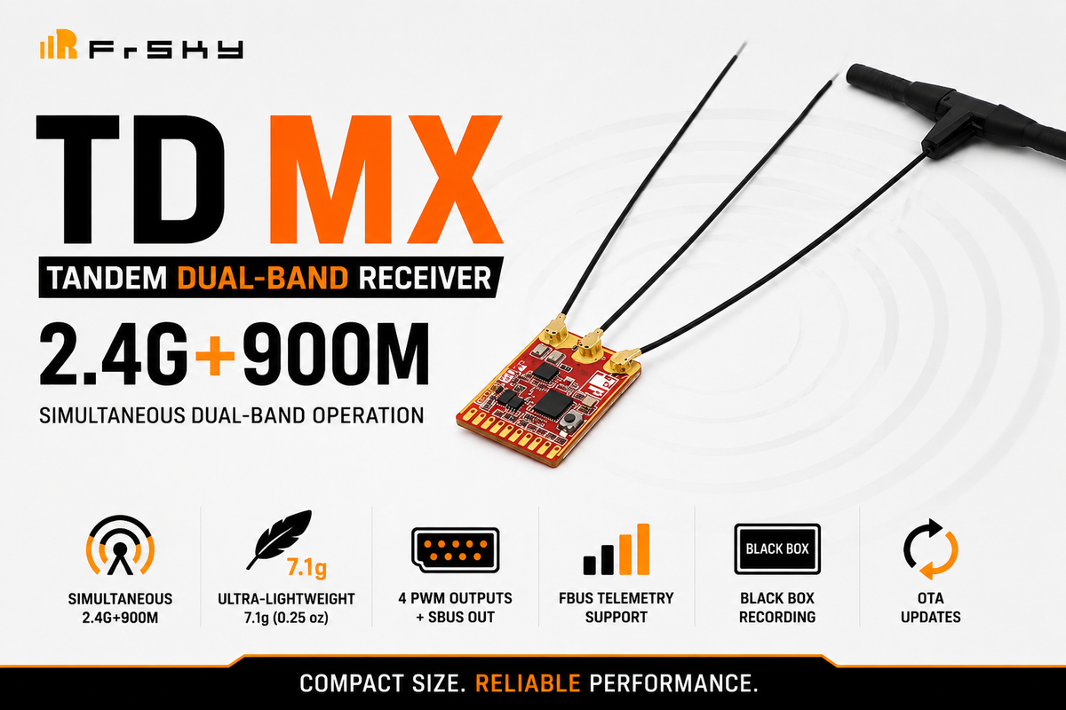 Frisky TD MX tandem dual-band receiver with features listed on a white background