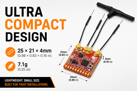 Ultra compact electronic module with dimensions and weight information on a white background