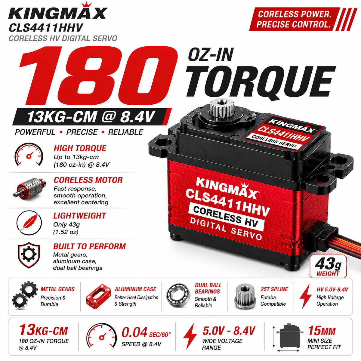 Kingmax coreless HV digital servo with specifications on a white background