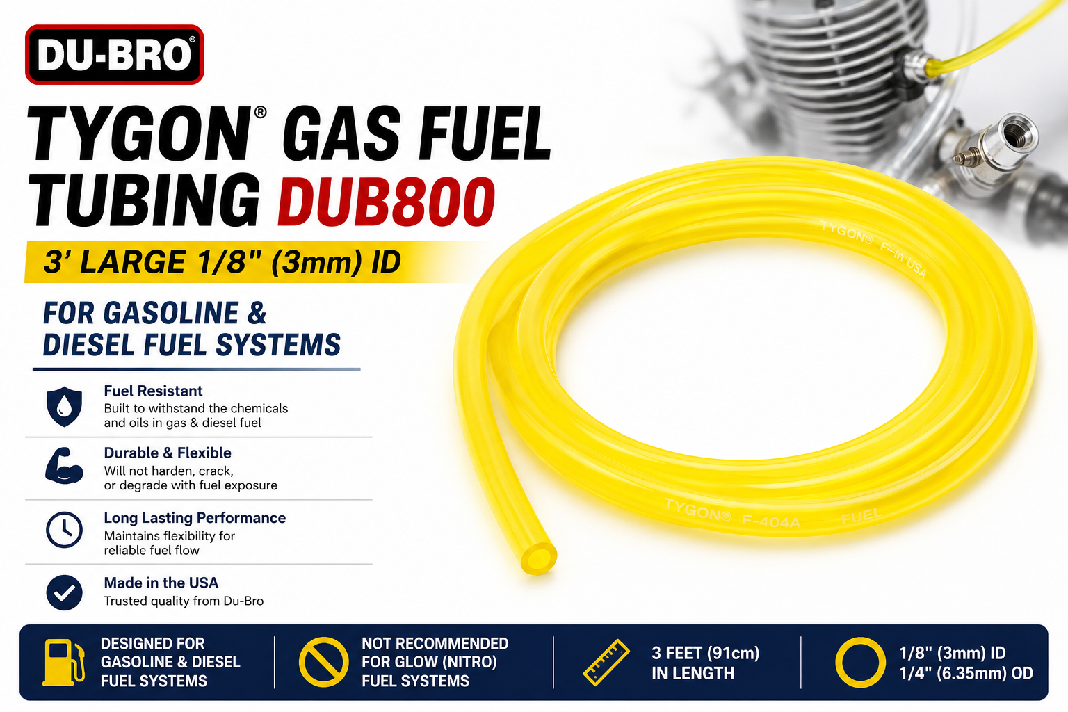 Yellow fuel tubing with Du-Bro branding and product details on a white background
