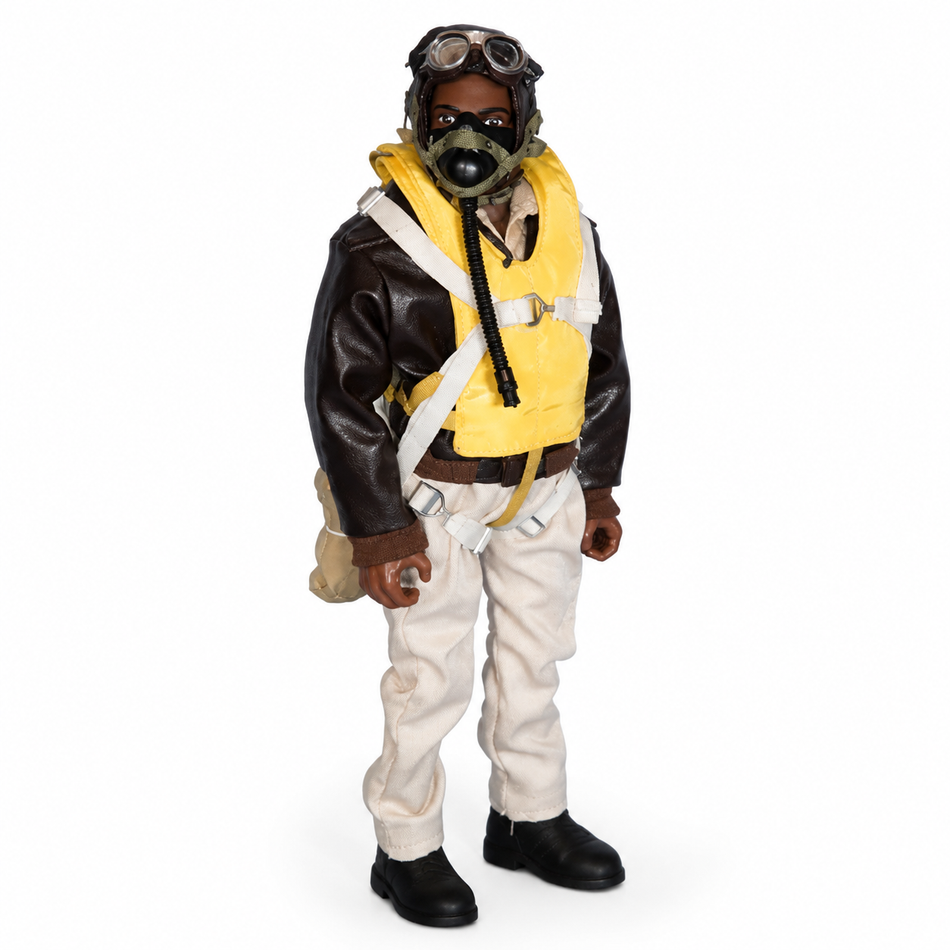 WarbirdPilots WWII USAAF Tuskegee RC pilot with brown flight jacket, yellow life vest, and parachute harness
