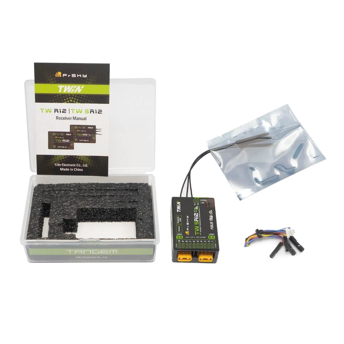 Electronic components and packaging on a white background