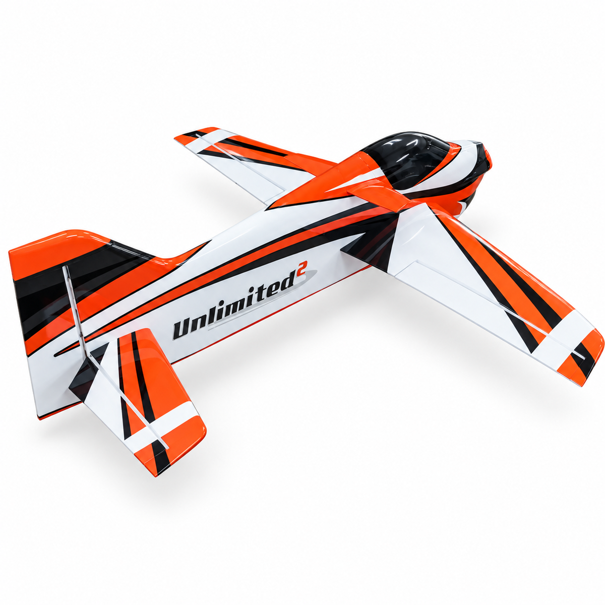 Rear three-quarter view of F3A Air Unlimited 2 orange black and white pattern airplane