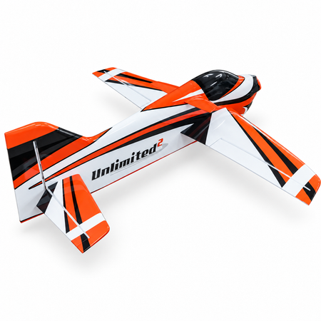Rear three-quarter view of F3A Air Unlimited 2 orange black and white pattern airplane