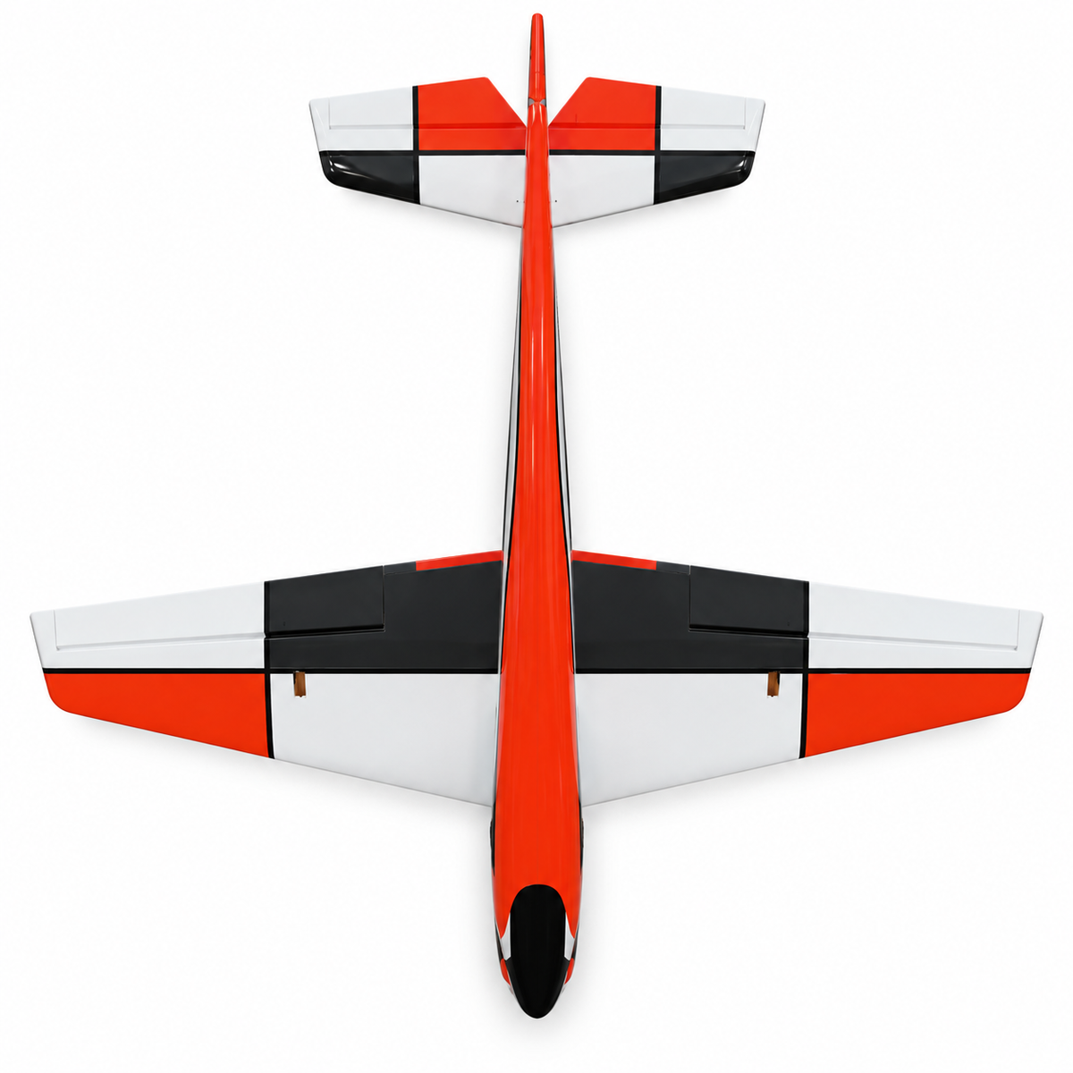 Underside view of F3A Air Unlimited 2 orange black and white 2-meter pattern airplane