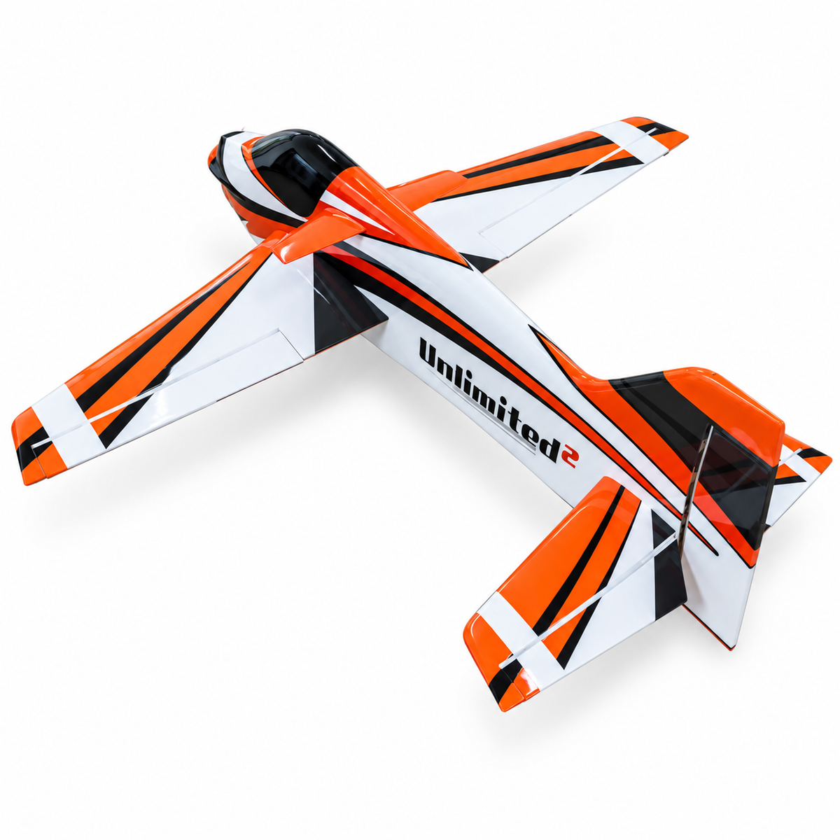 Opposite-side view of F3A Air Unlimited 2 orange black and white pattern airplane
