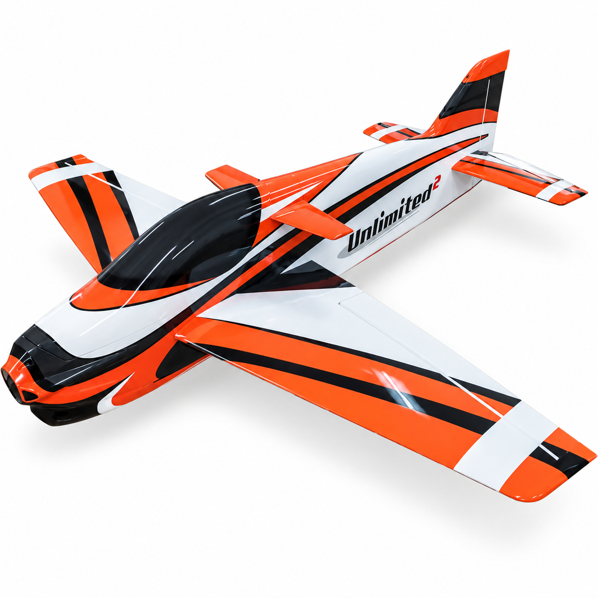Front three-quarter view of F3A Air Unlimited 2 orange black and white pattern airplane