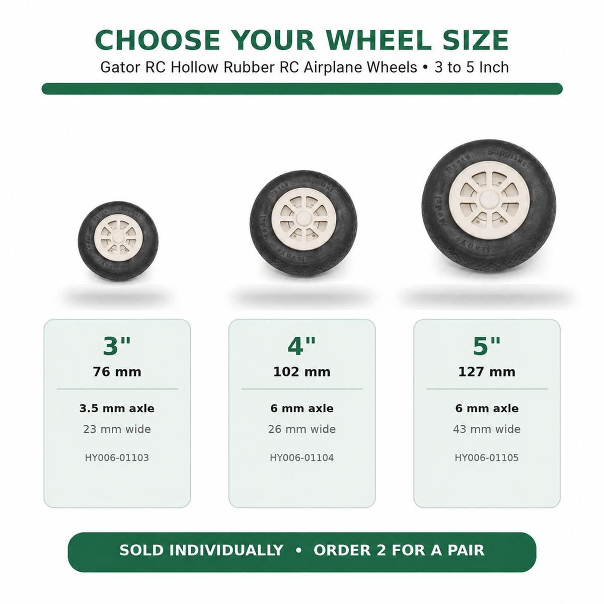 A size chart graphic for hollow rubber RC airplane wheels, showing three wheel sizes labeled 3 inch, 4 inch, and 5 inch with measurements in millimeters and axle widths. The wheels are depicted above three pale green size cards on a white background, with green headline text at the top and a dark green banner at the bottom.