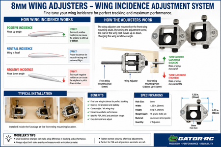 Gator RC 8mm aluminum wing adjusters for adjustable wing incidence setup on RC airplanes