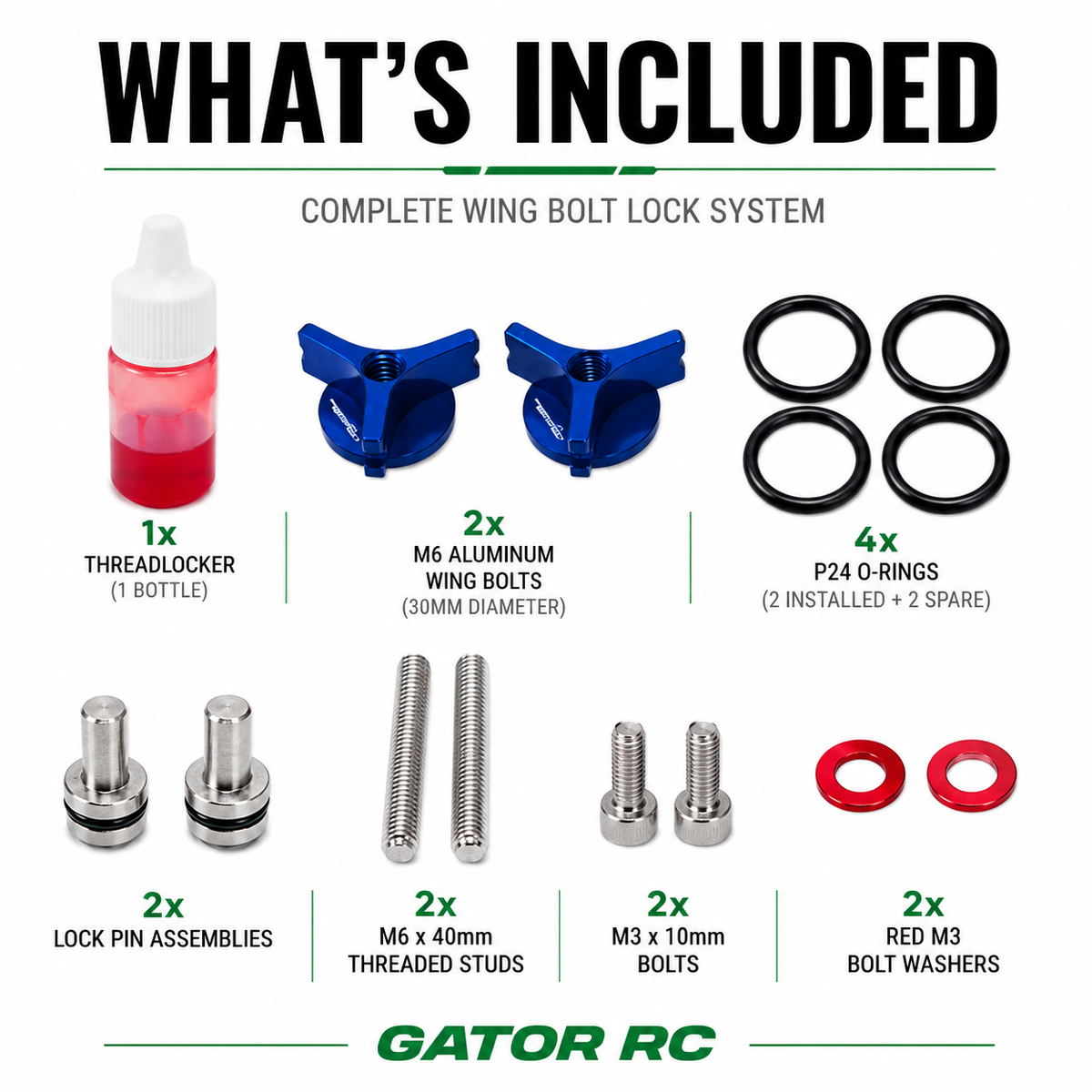 A product information graphic titled 'WHAT'S INCLUDED' for a Gator RC wing bolt lock system, showing a small bottle of threadlocker, two blue wing bolts, four black O-rings, two silver lock pin assemblies, two threaded studs, two M3 x 10mm bolts, and two red M3 bolt washers on a white background.
